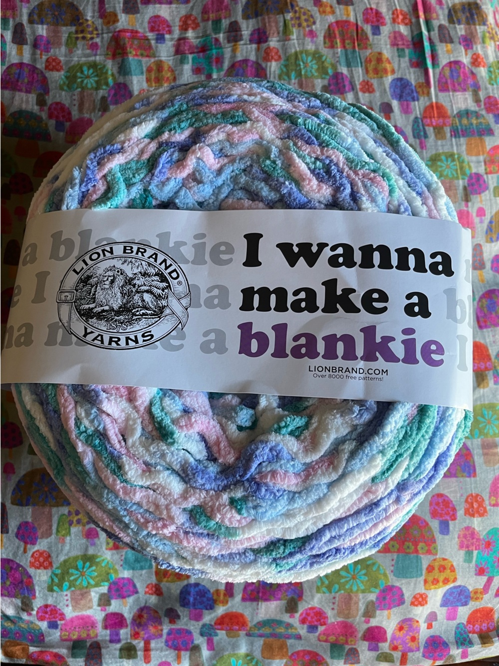 giant cake of Lion Brand I Wanna Make a Blankie yarn